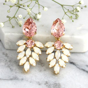 Bridal Blush Long Earrings, Blush Pink Crystal Chandelier, Peach Bridal Earrings, Blush Rose Chandelier Earrings, Morganite Earrings