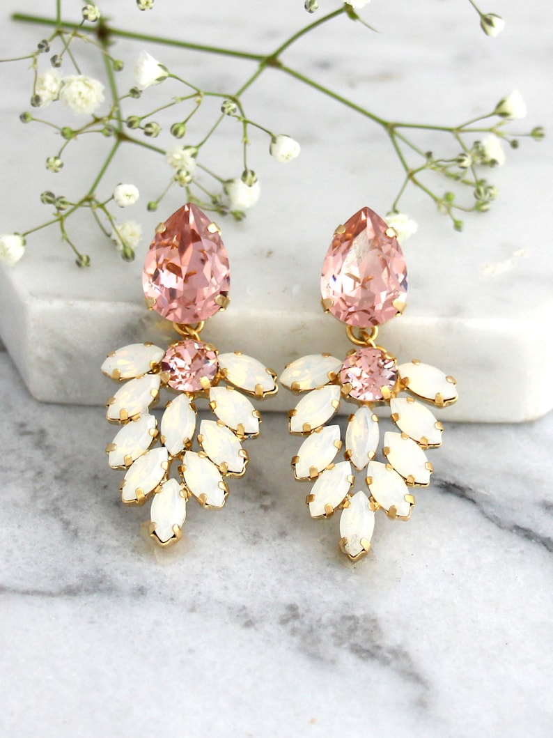 Bridal Blush Long Earrings, Blush Pink Crystal Chandelier, Peach Bridal Earrings, Blush Rose Chandelier Earrings, Morganite Earrings image 1