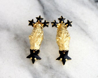 Lion Earrings, Lion Gold Stud Earrings, Lioness Crystal Stud Earrings, Black Gold Earrings, Trending Earrings, Star Stud Crystal Earrings.