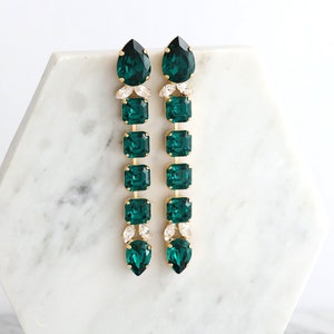 Emerald Long Earring, Emerald Crystal Long Earrings, Dark Green Chandelier Bridal Earrings, Statement Emerald Green Drop Earrings image 3
