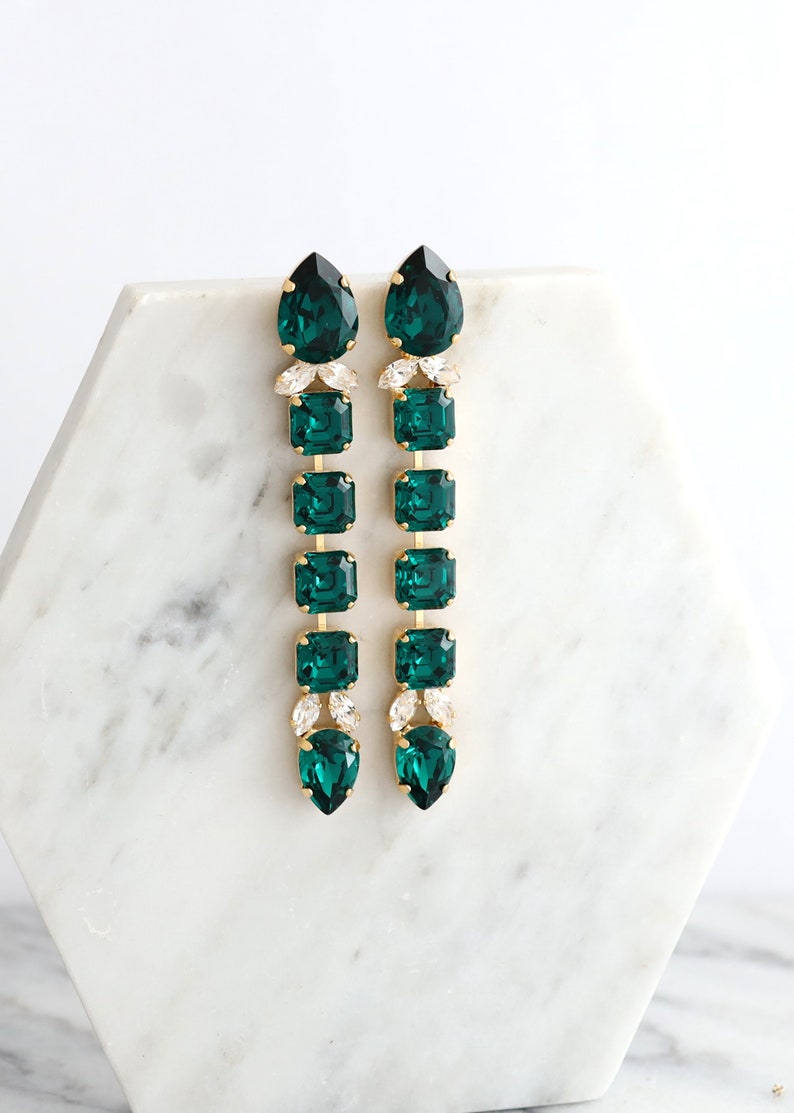 Emerald Long Earring, Emerald Crystal Long Earrings, Dark Green Chandelier Bridal Earrings, Statement Emerald Green Drop Earrings image 3