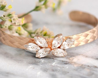 Bridal Bracelet, Bohemian Crystal Bracelet, Bridal Rose Gold Bracelet, Bridal Crystal Cuff Bracelet,  Bridal Crystal Open Cuff Bracelet