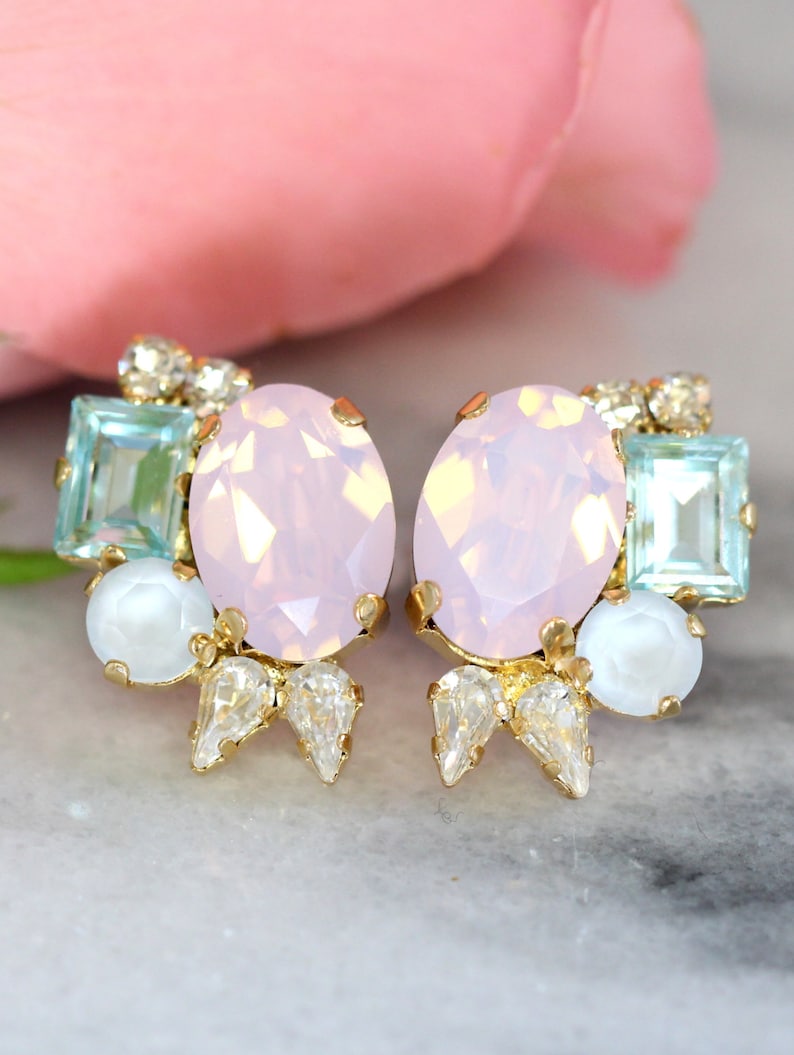 Pastel Earrings Rose Quartz Serenity Earrings Bridal Cluster Etsy