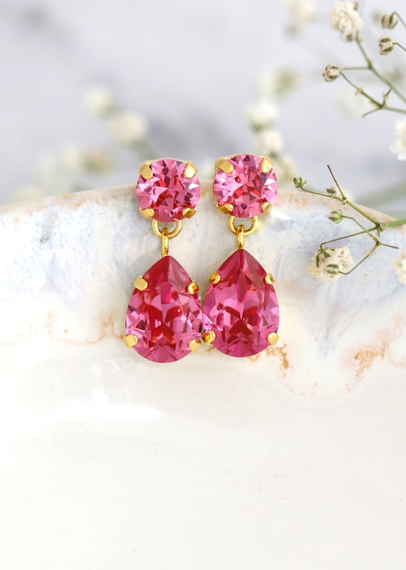 Pink Drop Crystal Earrings , Hot Pink Crystal Chandelier Earrings, Bridal Rose Pink Earrings, Bridesmaids Pink Earrings, Gift for Her