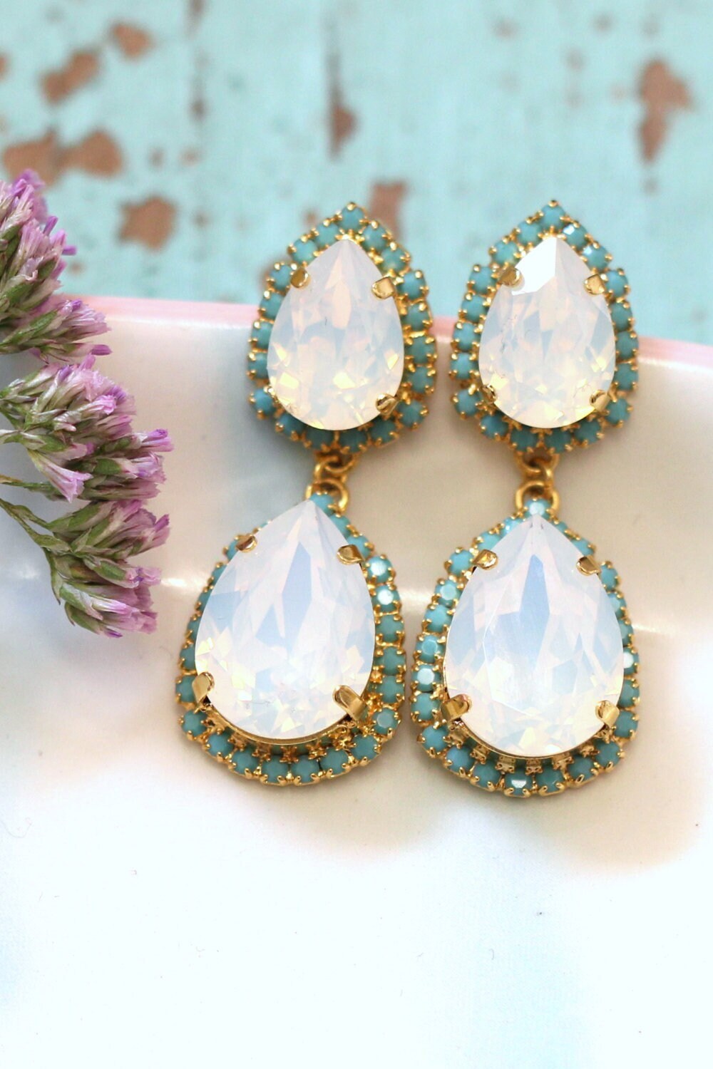 White Opal Chandelier Earrings Swarovski Chandelier Earrings Etsy