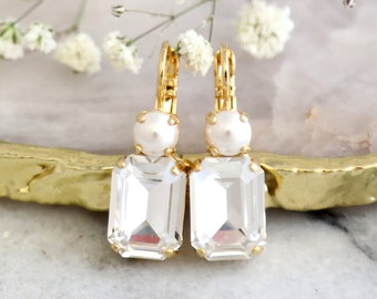 Bridal Pearl Earrings, Pearl Drop Crystal Earrings, Pearl Drop Earrings, Octagon Bridal Crystal Earrings, Bridesmaids Crystal Earrings