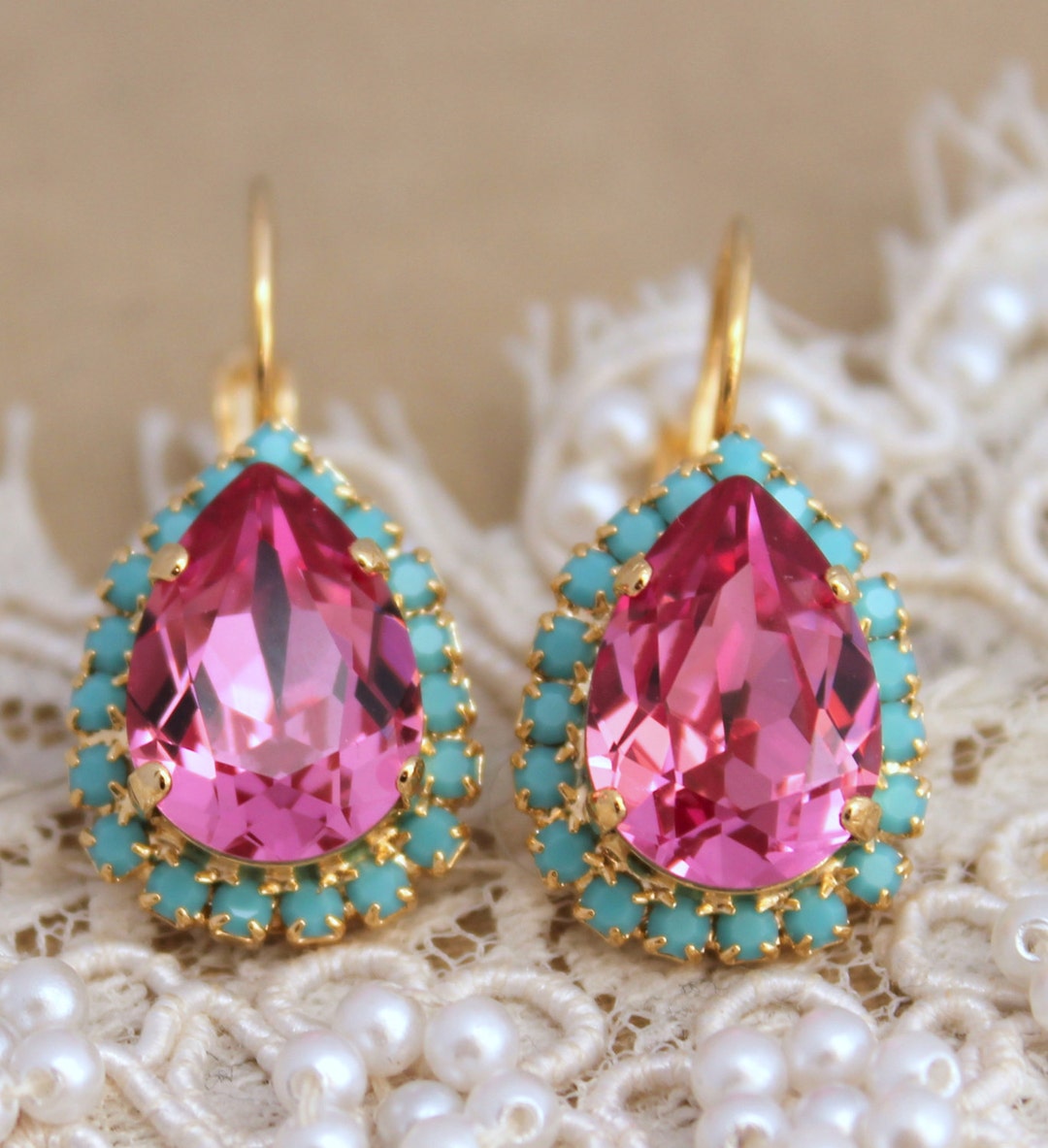 Pink Drop Earrings, Pink Crystal Earrings, Bridesmaids Earrings, Gift ...