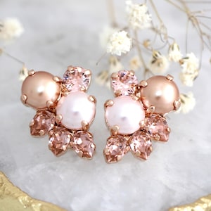 Blush Earrings, Pearl Earrings, Rose Gold Pearl Earrings, Bridal Pearl Earrings, Bridal Blush Cluster Earrings, Bridal Crystal Blush Studs.