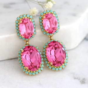 Lustres roses, Boucles d'oreilles turquoise rose, Boucles d'oreilles roses, Boucles d'oreilles lustre fuchsia, Lustres turquoise rose, Boucles d'oreilles de mariée image 1