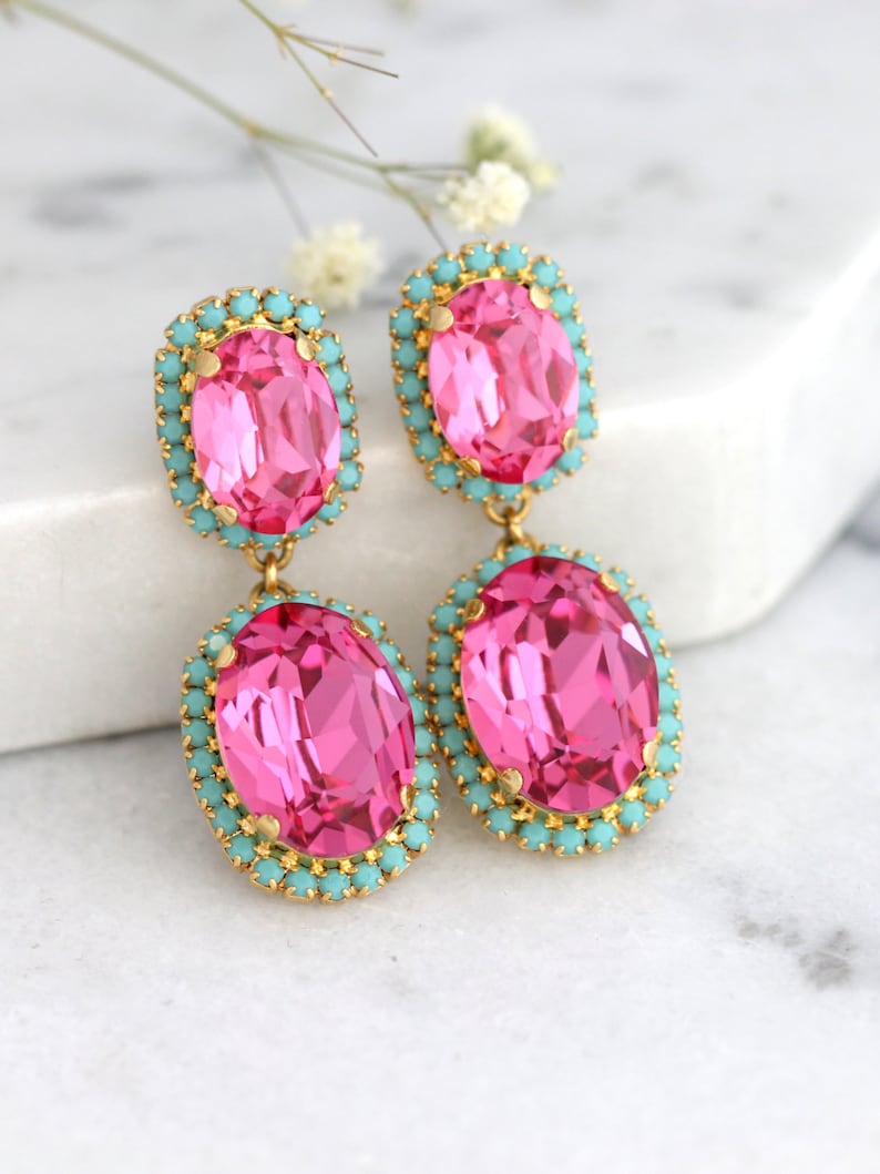 Pink Chandeliers, Pink Turquoise Earrings, Pink Drop Earrings, Hot Pink Chandelier Earrings, Pink Turquoise Chandeliers, Bridal Earrings image 1