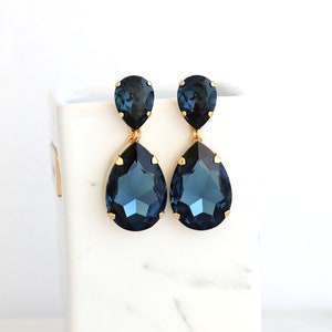Blue Navy Statement Long Earrings, Blue Navy Chandelier Earrings, Bridal Blue Crystal Earrings, Navy Blu7e Crystal Oversize Earrings. image 7