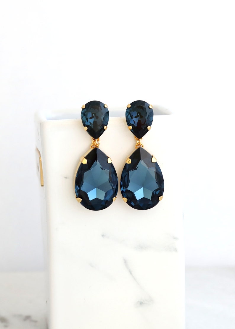 Blue Navy Statement Long Earrings, Blue Navy Chandelier Earrings, Bridal Blue Crystal Earrings, Navy Blu7e Crystal Oversize Earrings. image 7