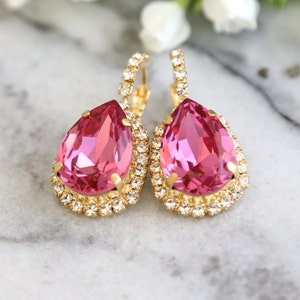 Pink Crystal Drop Earrings, Pink Rose Crystal Lever Back Earrings, Bridesmaids Pink Earrings Jewelry, Pink Crystal Jewelry