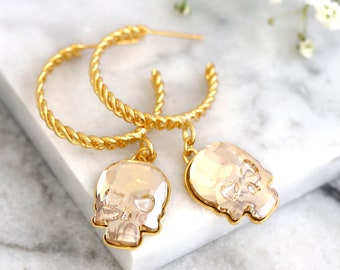 Skull Hoop Earrings, Gold Hoop Earrings, Gothic Bride Earrings, Skull Gold Crystal Earrings, Gold Skull Dangle Gold Earrings, Gothic Jewelry