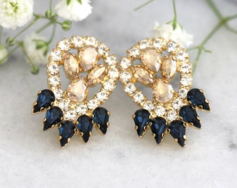 Blue Navy Earrings, Bridal Dark Blue Crystal Earrings, Navy Blue Cluster Earrings, Blue Gold Crystal Earrings, Bridesmaids Blue Earrings