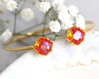 Orange Crystal Bracelet, Burnt Orange Crystal Bracelet, Bridal Orange Bracelet, Orange Pink Open Cuff Gold Bracelet, Birthday Gift For Her