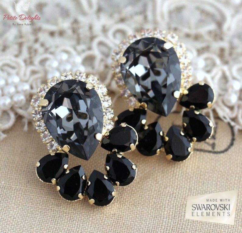 Gray Statement Earringsgray Black Swarovski Earrings Crystal Etsy