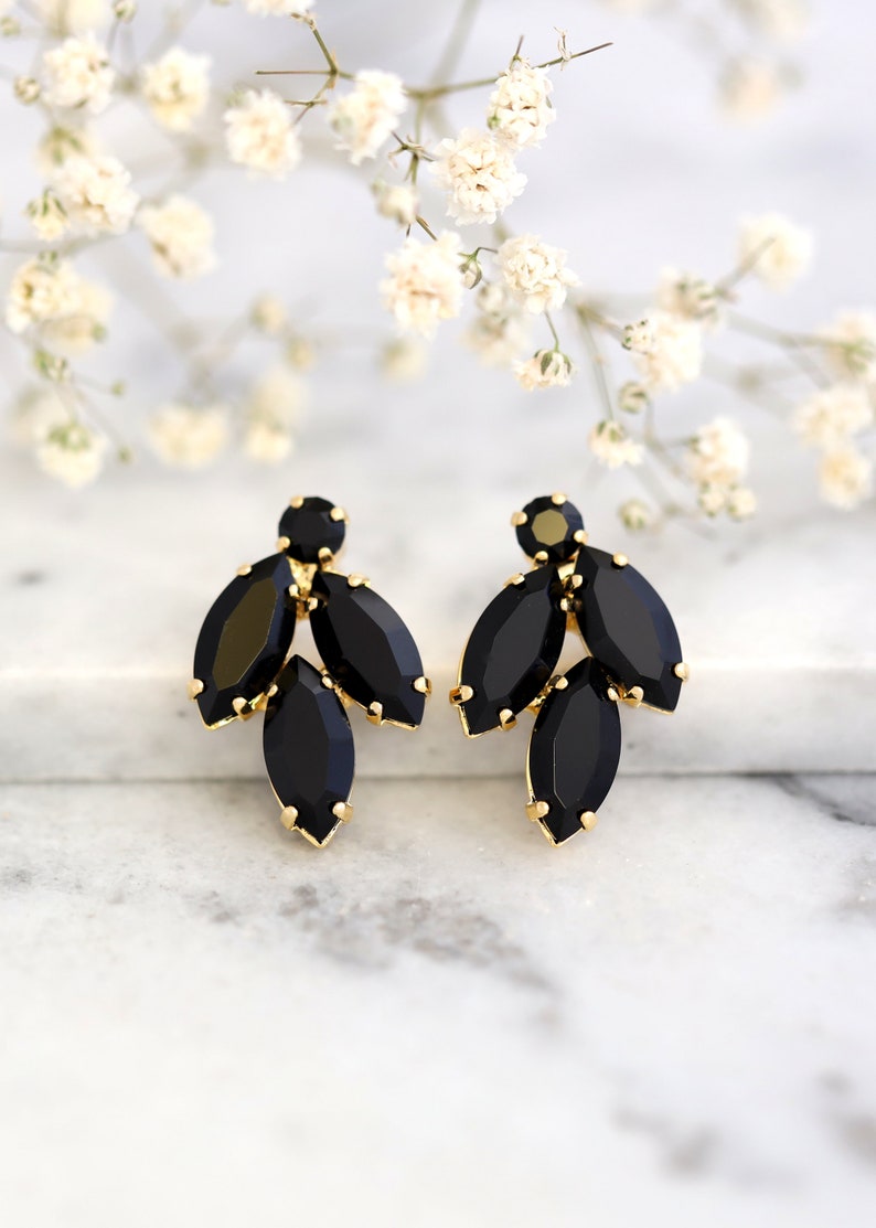 Black Clip On Earrings, Bridal Black Crystal Earrings, Black Gold Stud Crystal Earrings, Clip On Earrings, Bridesmaids Clip On Earrings image 1