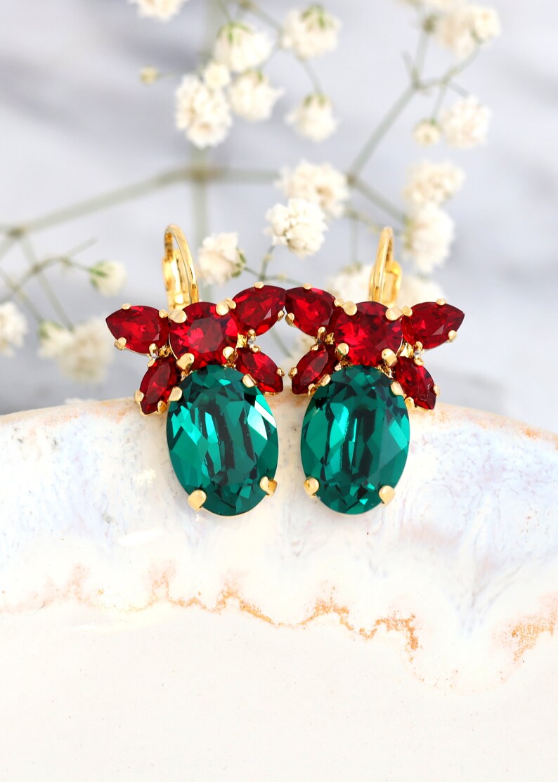 Emerald Drop Earrings Emerald Crystal Earrings Christmas Earrings Green Red Earrings Christmas Gift For Her Emerald Red Ruby Earrings