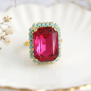 Fuchsia Pink Cocktail Ring, Hot Pink Crystal Ring, Statement Gold Crystal Pink Ring, Adjustable Cocktail Ring, Statement Magenta Gold Ring. image 5