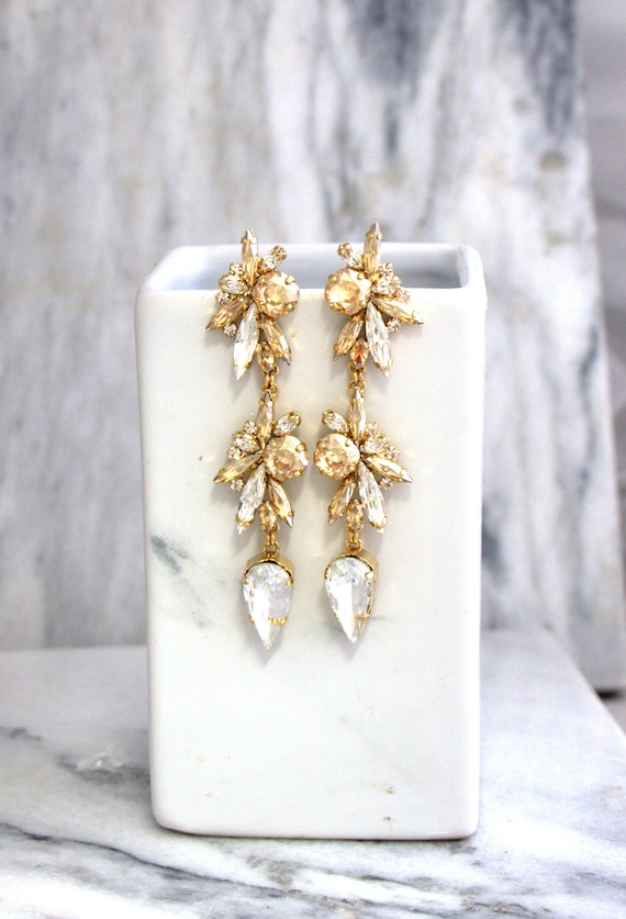 Bridal Long Earrings Champagne Crystal Drop Earrings Bridal