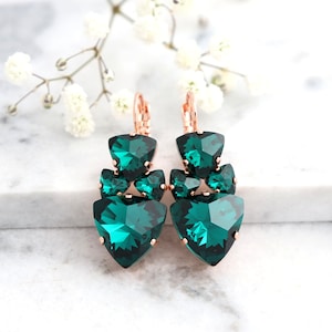 Emerald Green Drop Swarovski Earrings, Emerald Drop Earrings, Dark Green Crystal Lever Back Earrings, Bridal Emerald Earrings, Gift For Her