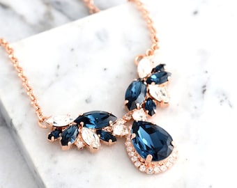 BLUE NAVY Necklace, Bridal Blue Navy Crystal Statement Necklace, Dark Blue Crystal Necklace, Bridesmaids Necklaces, Bridal Blue Necklace