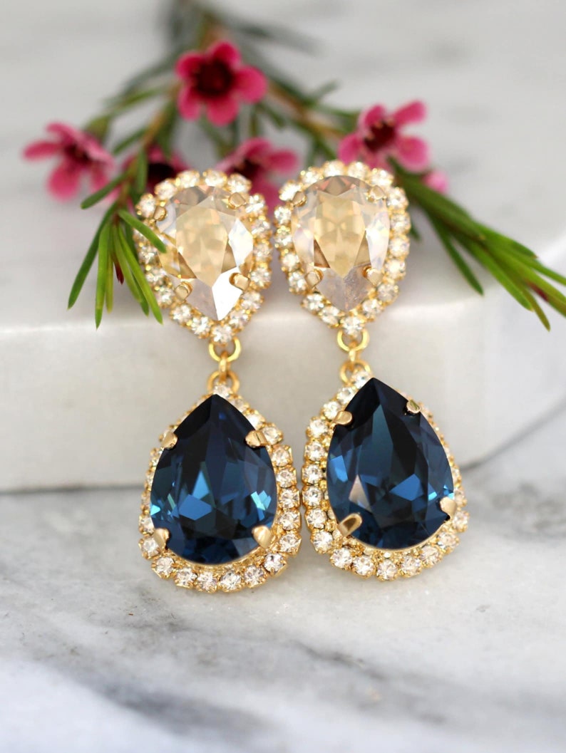 Blue Navy Bridal Earrings, Blue Navy Champagne Earring, Drop earring, Sapphire Blue Chandelier Earring, Mob Blue Navy Chandelier Earrings image 4