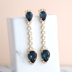 Blue Navy Earrings, Bridal Blue Navy Drop Earrings, Bridal Blue Earrings, Crystal Dark Blue Chandelier Earrings, Long Blue Navy Earrings