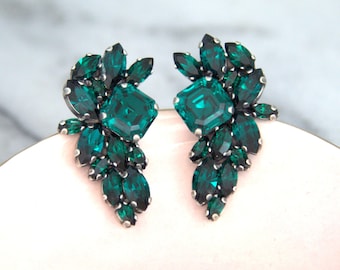 Emerald Crystal Earrings, Bridal Emerald Earrings, Dark Green Cluster Stud Earrings, Emerald Crystal Cluster Earrings, Bridesmaids Gifts