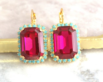 Pink Earrings, Pink Turquoise Earrings, Fuchsia Drop Earrings, Fuchsia Drop Crystal Earrings, Fuchsia Pink Drop Earrings, Pink Hot Earrings