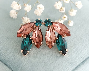 Burgundy Blush Emerald Green Earrings, Blush Green Emerlad Cluster Earrings, Burgundy Crystal Bridal Earrings, Burgundy Bridesmaids Earrings