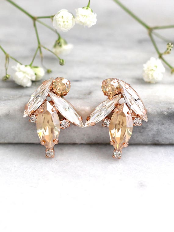 Bridal Earrings Champagne Crystal Earrings Crystal Gold Bridal Earrings Gift for Her Champagne Cluster Earrings Bridesmaids Earrings Etsy Australia