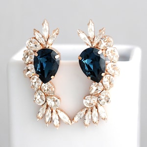 Blue Navy Statement Bridal Earrings, Statement Sapphire Blue Earrings, Dark Blue Earrings, Dark Blue Long Earrings, Long Blue Earrings