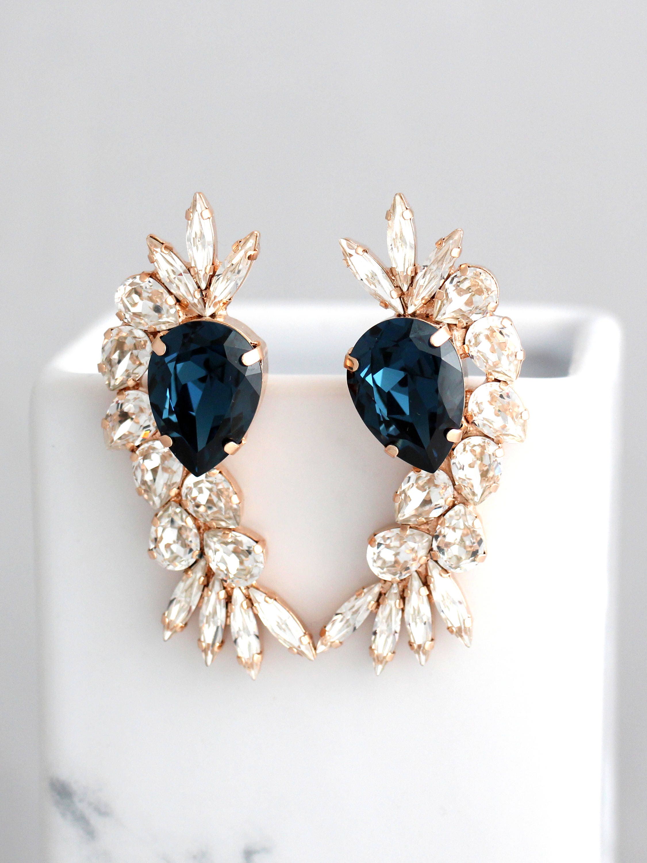 Blue Navy Earrings Statement Earrings Dark Blue Earrings Etsy