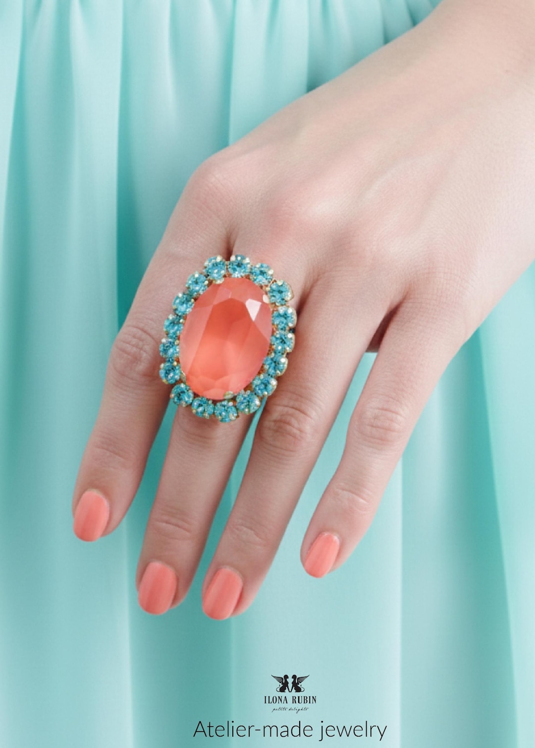 Coral Turquoise Cocktail Crystal Ring, Statement Oval Crystal Ring