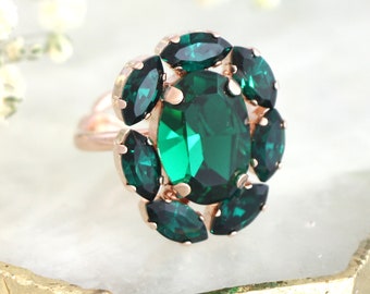 Emerald Cocktail Crystal Ring, Statement Green Emerald Ring, Emerald Crystal Green Adjustable Ring, Christmas Gift For Her