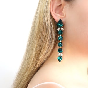 Emerald Long Earring, Emerald Crystal Long Earrings, Dark Green Chandelier Bridal Earrings, Statement Emerald Green Drop Earrings image 5