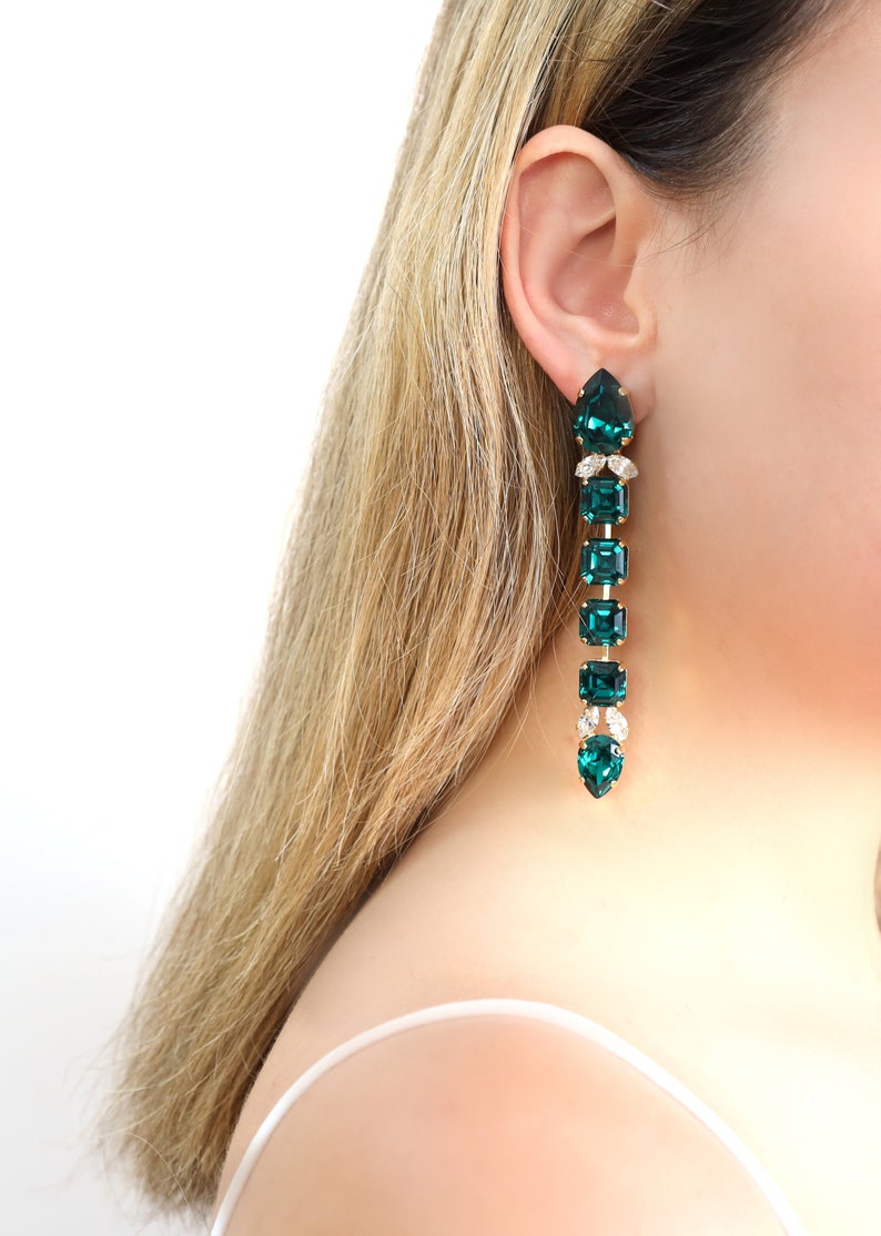 Emerald Long Earring, Emerald Crystal Long Earrings, Dark Green Chandelier Bridal Earrings, Statement Emerald Green Drop Earrings image 5