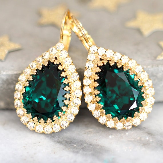 Emerald Crystal Gold Earrings, Bridal Emerald Crystal Earrings, Emerald Wedding Jewelry, Bridesmaids Emerald Earrings, Emerald Drop Earrings