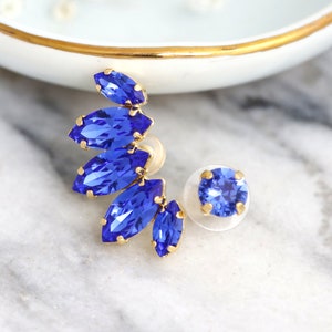 Ear Climber earrings, Blue Sapphire Climbing earrings, Cobalt Blue Ear Cuff Earrings, Blue Sapphire Ear Crawler Crystal Earrings image 1