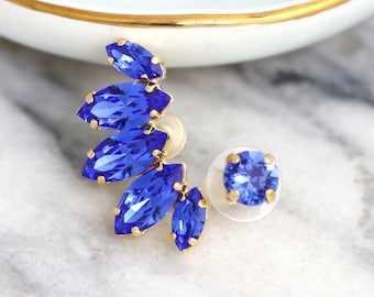 Ear Climber earrings, Blue Sapphire Climbing earrings, Cobalt Blue Ear Cuff  Earrings, Blue Sapphire Ear Crawler Crystal Earrings