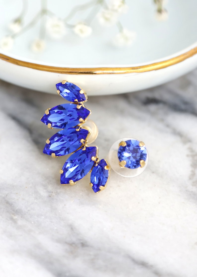 Ear Climber earrings, Blue Sapphire Climbing earrings, Cobalt Blue Ear Cuff Earrings, Blue Sapphire Ear Crawler Crystal Earrings image 1