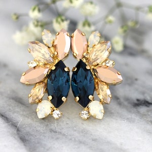 Bridal Blue Navy Earrings, Bridal Clip on Blue Earrings, Bridal Clip-On Earrings, Navy Blue Clip-On Cluster Earrings, Bridesmaids Earrings