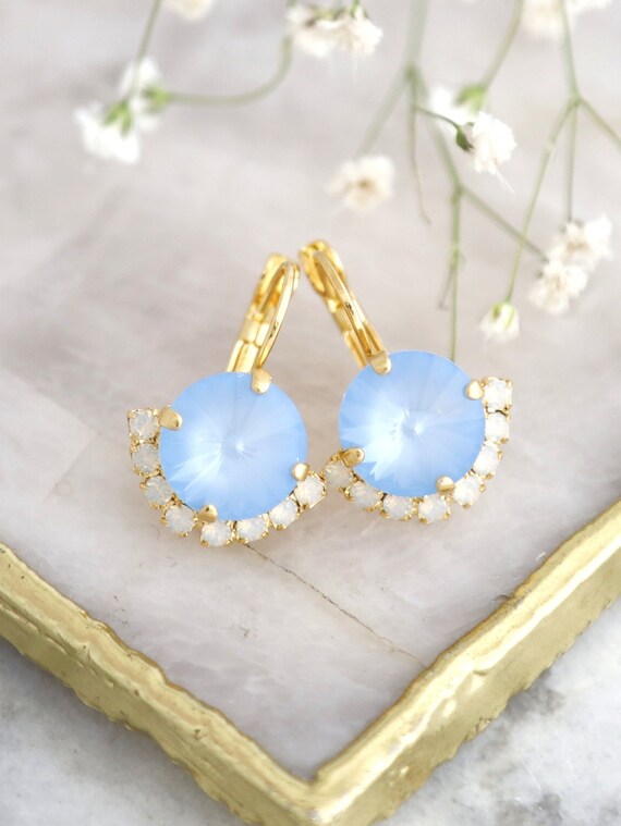 Boucles D'Oreilles Pendantes Cristal Blanc Et Bleu Ciel - Fait Main En France - Pour Mariage