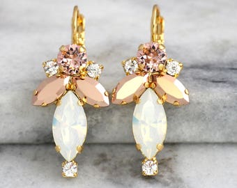 Bridal Rose Gold Earrings, Blush Drop Crystal Rose Gold Earrings, White Opal Crystal Bridal Drop Gold Earrings, Bridesmaids Gift Earrings