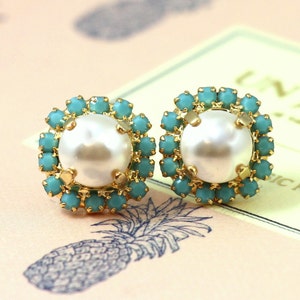 Pearl Stud Earrings, Blue White Pearl Earrings, Something Blue Bridal Earrings, Gift for her, Turquoise Pearl Earrings, Bridesmaids Earrings