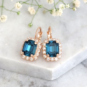 Blue Navy Earrings, Sapphire Earrings, Emerald Cut Earrings, Bridesmaids Earrings, Gift For Her, Bridal Navy Blue Crystal Drop Earrings