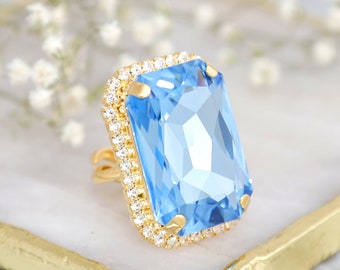 Aquamarin Cocktailkristallring, Aquamarin Smaragdschliff Ring, Statement Goldkristall Ring, Einstellbare Blauer Ring, Aquamarin Statementring
