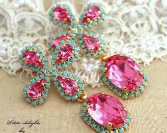 Pink Turquoise Crystal Long Earrings, Pink Blue Crystal Statement Oversize Earrings, Bridal Pink Earrings, Bridal Hot Pink Long  Earrings